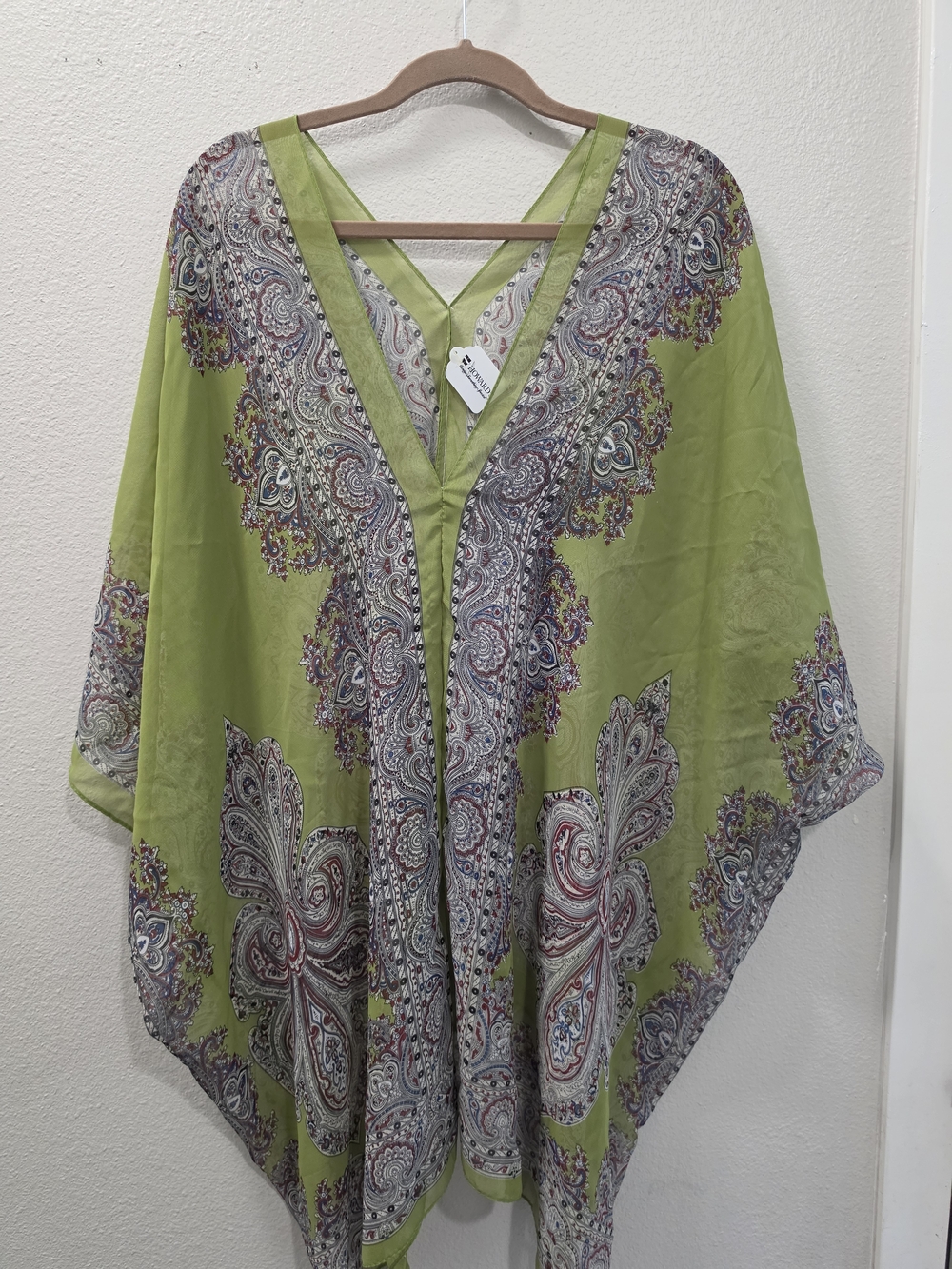 Howard's Boho Green Paisley Beach Coverup | Sheer Chiffon Summer Kimono Top